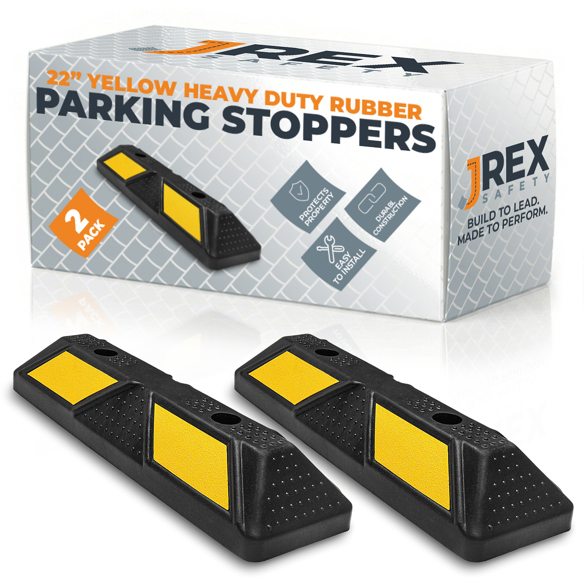 22" Rubber Parking Block Curb Stop - Yellow Reflective Strip - 2 Pack